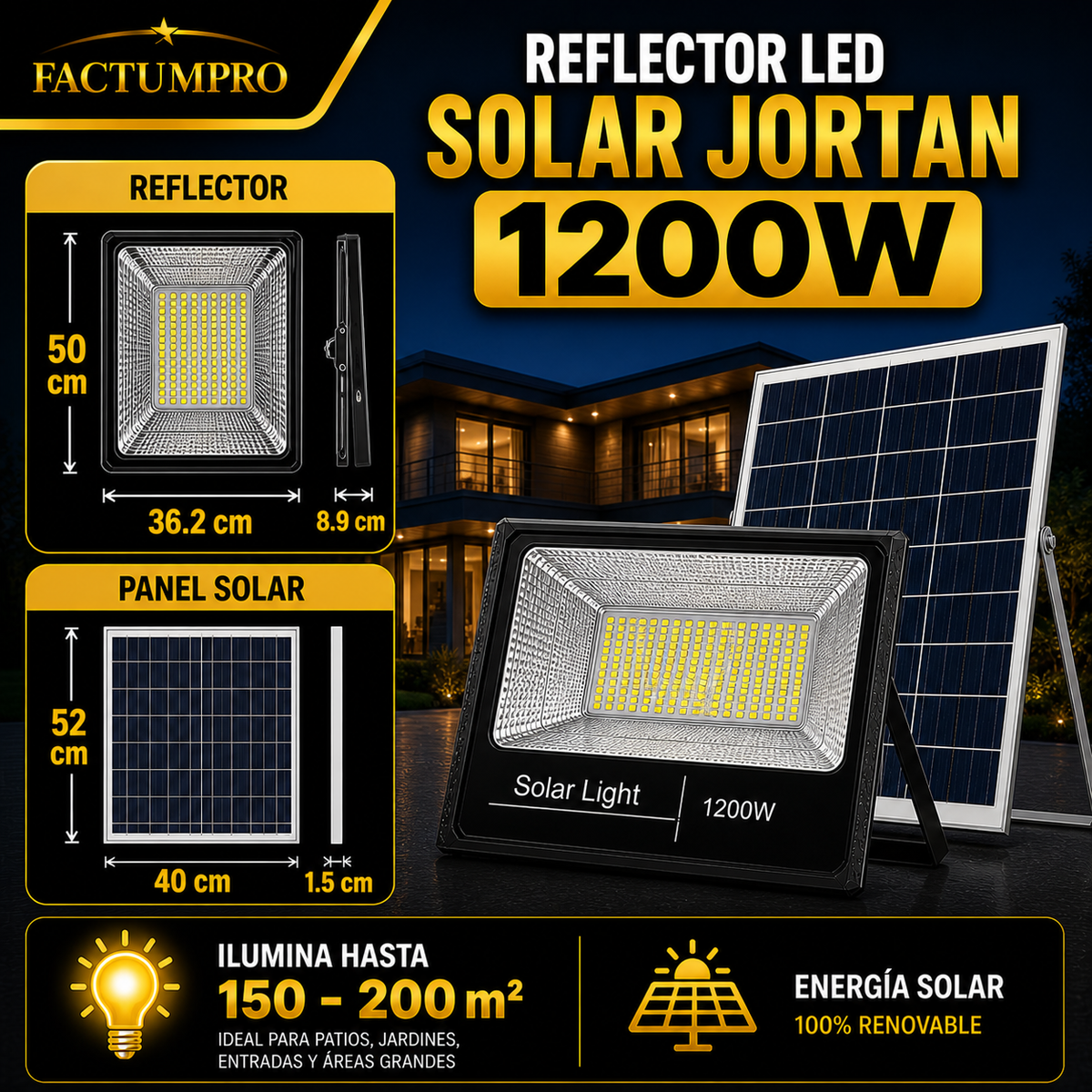 Reflector Solar Jortan 1200W IP66 – Panel + Control Remoto - en uso