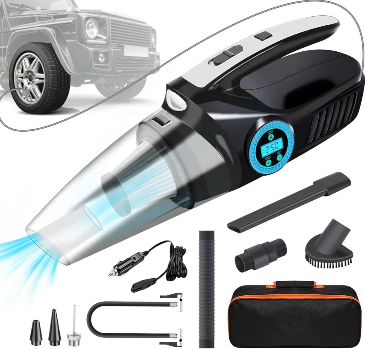 Kit 4 en 1 para Carro – Aspiradora + Compresor + Medidor + Luz LED - en uso
