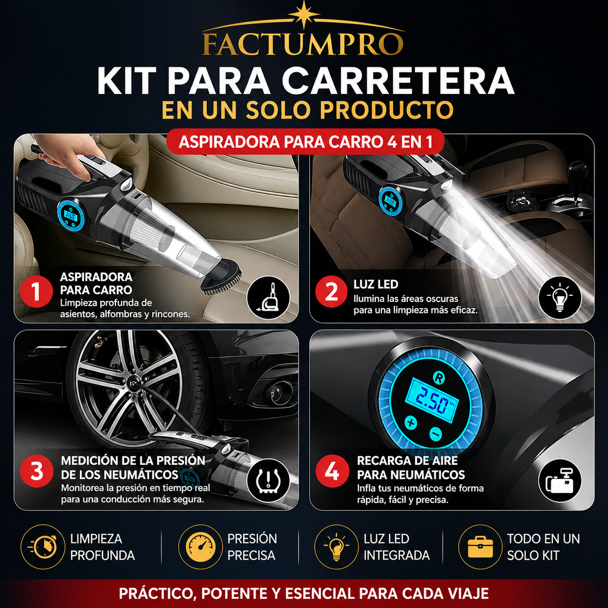 KIT 4 EN 1 PARA CARRO – ASPIRADORA + COMPRESOR + MEDIDOR + LUZ LED ⚡