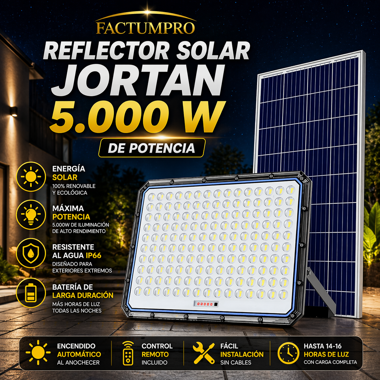 REFLECTOR SOLAR JORTAN – ILUMINACIÓN POTENTE SIN CABLES