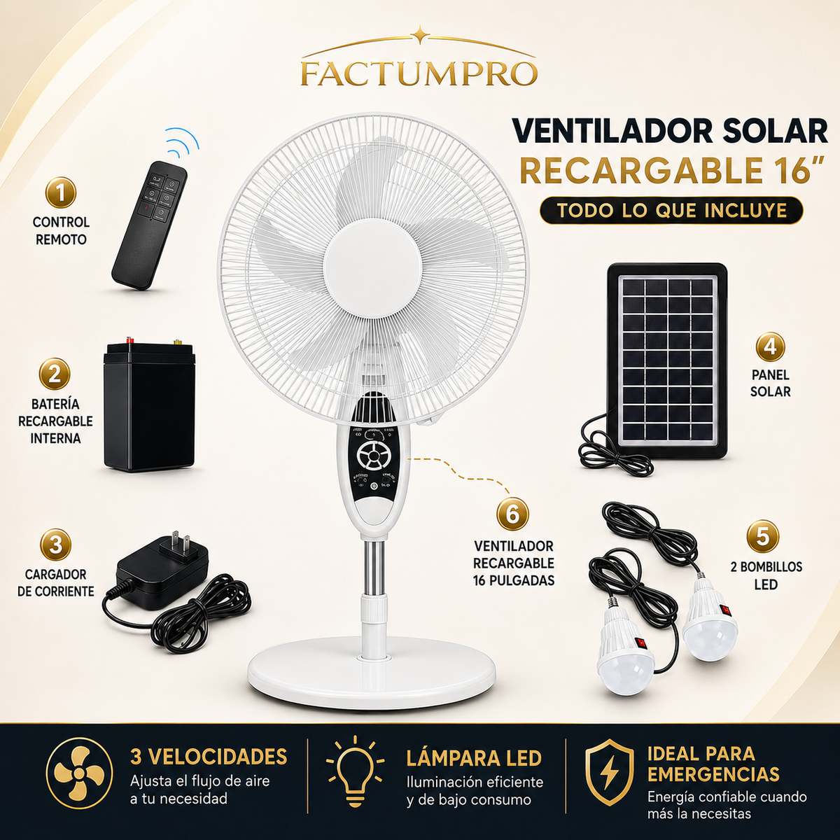 Ventilador Solar Recargable 16” con Panel, Control y Lámpara LED - en uso