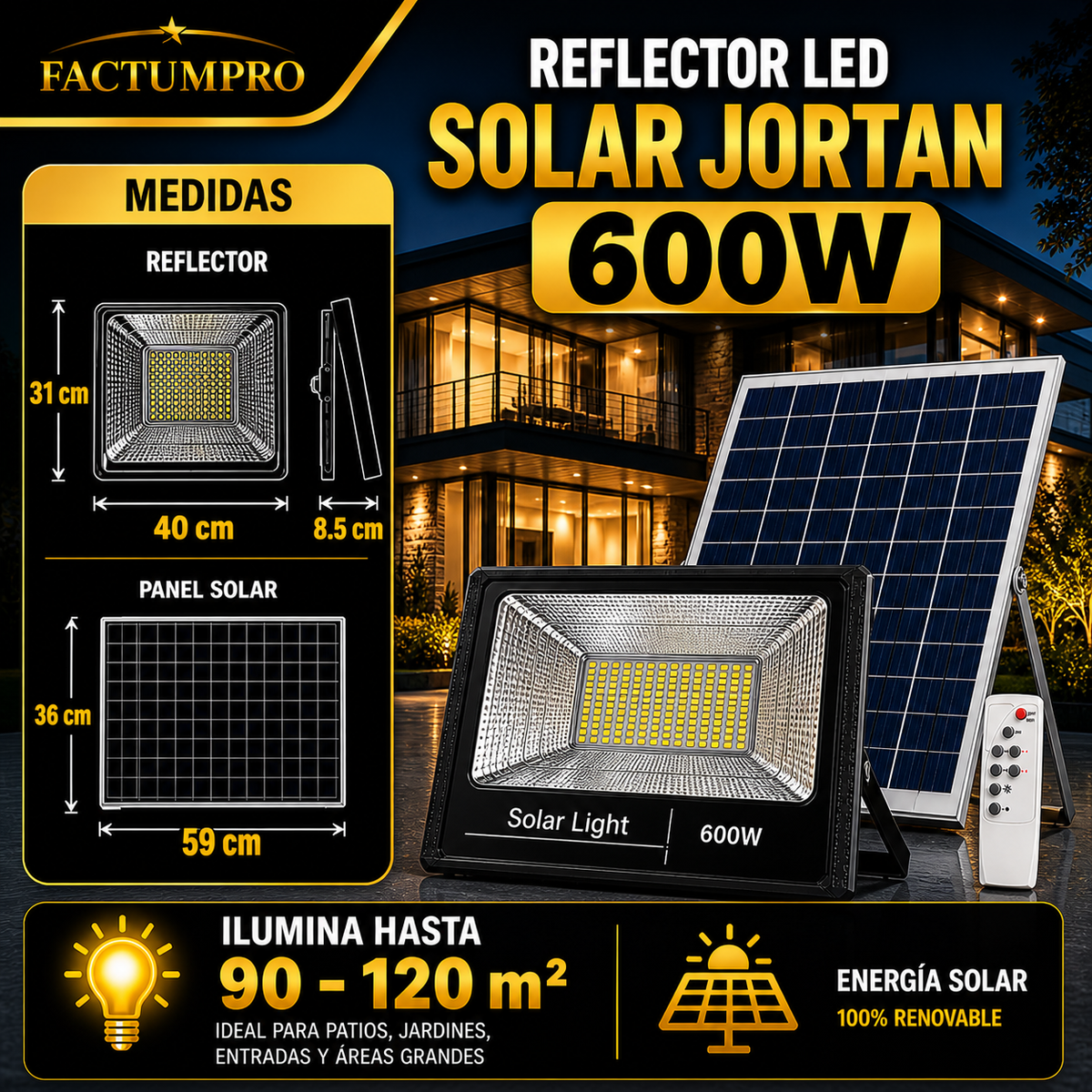 Reflector Solar Jortan 600W – Ilumina Grandes Espacios
