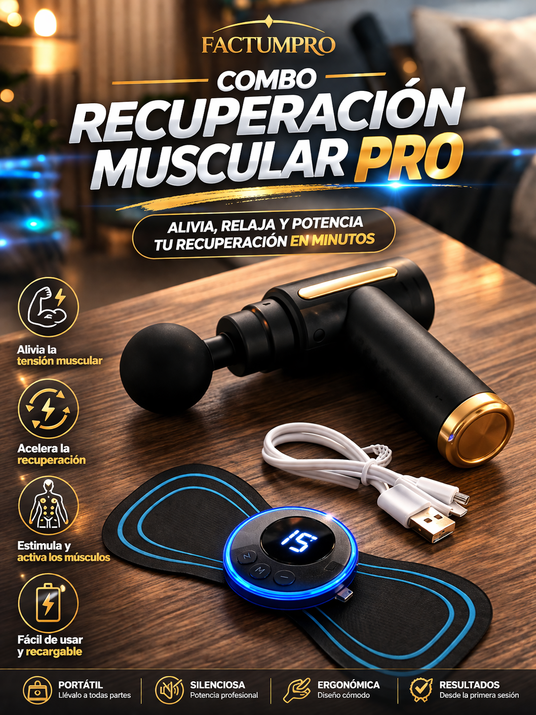 Combo Recuperación Muscular Pro – Pistola Masajeadora + Parche EMS - Kit completo