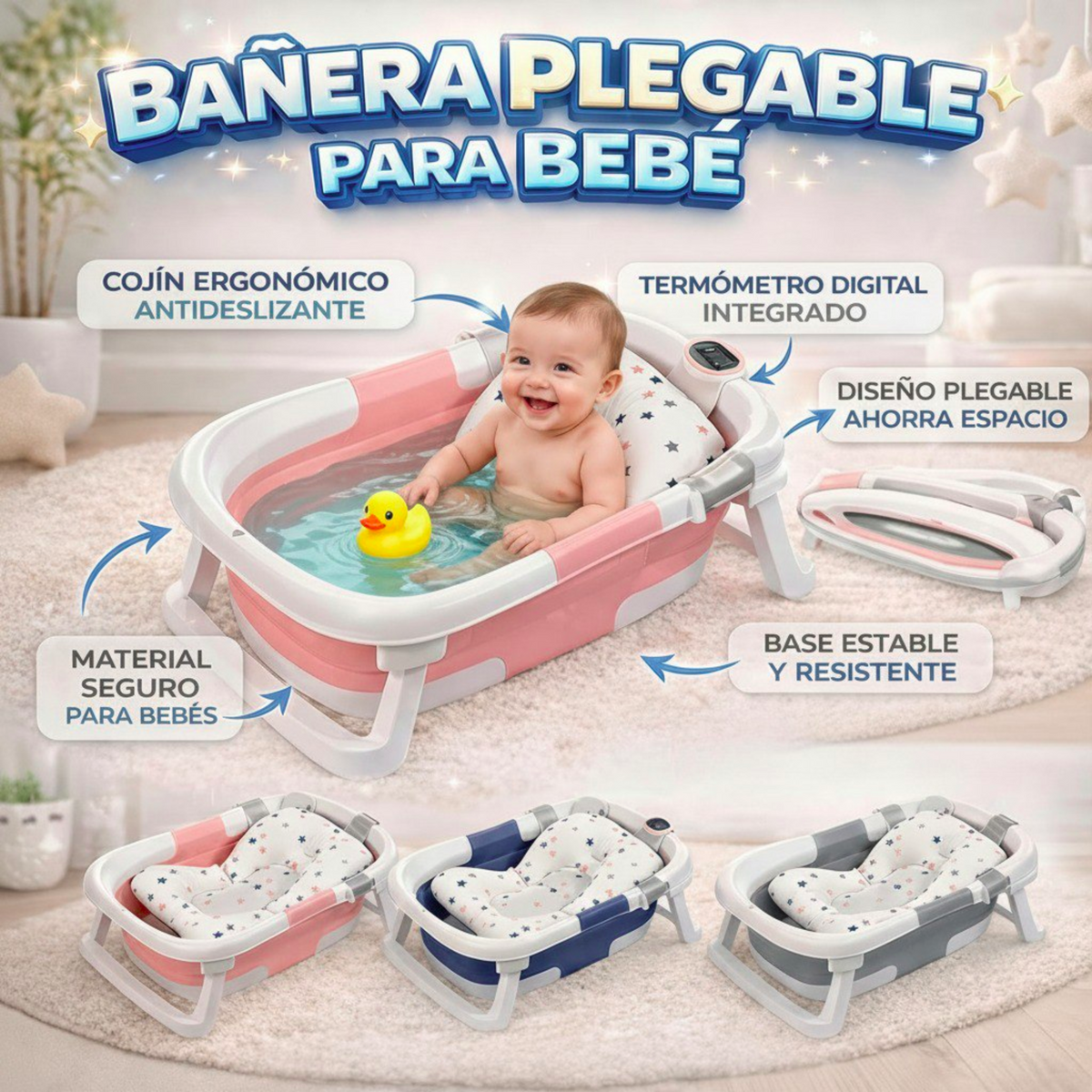 BabyBath Pro – Tina de Baño Plegable con Termómetro - 3
