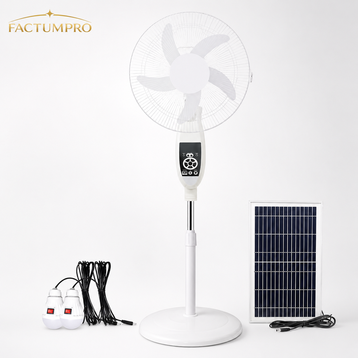 Ventilador Solar Recargable 16” con Panel, Control y Lámpara LED - Kit completo