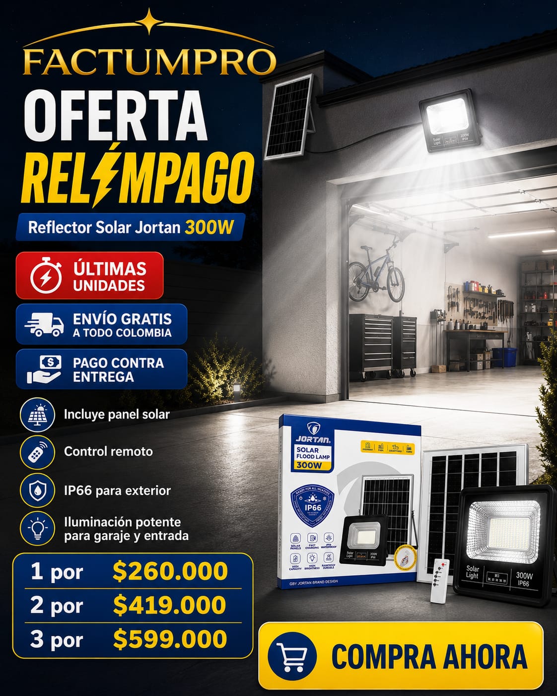 Reflector Solar Jortan 300W – Luz Potente IP66 para Exterior