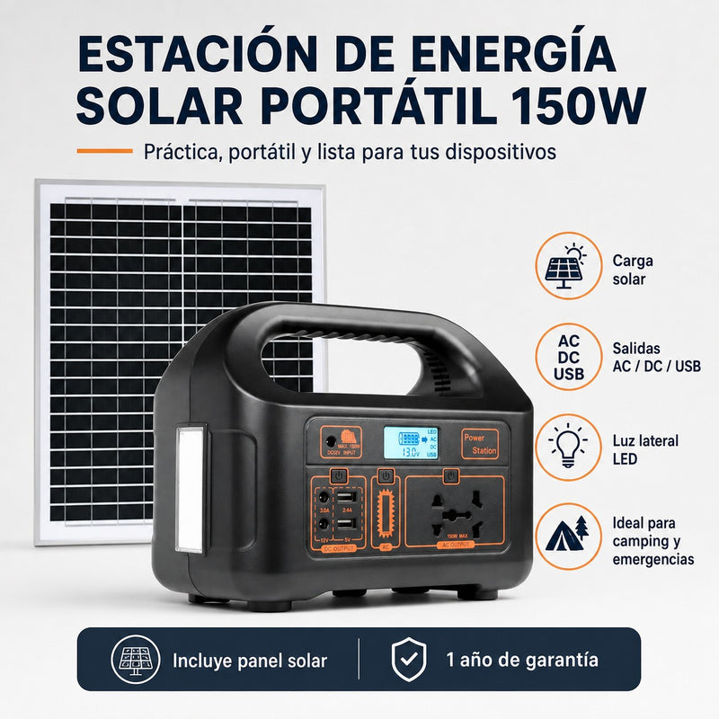 Estación de Energía Solar Portátil 150W – Con Panel Solar y 1 Año de Garantía foto 1