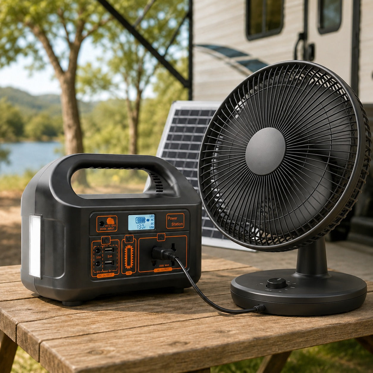 Estación de energía solar alimentando un ventilador en camping