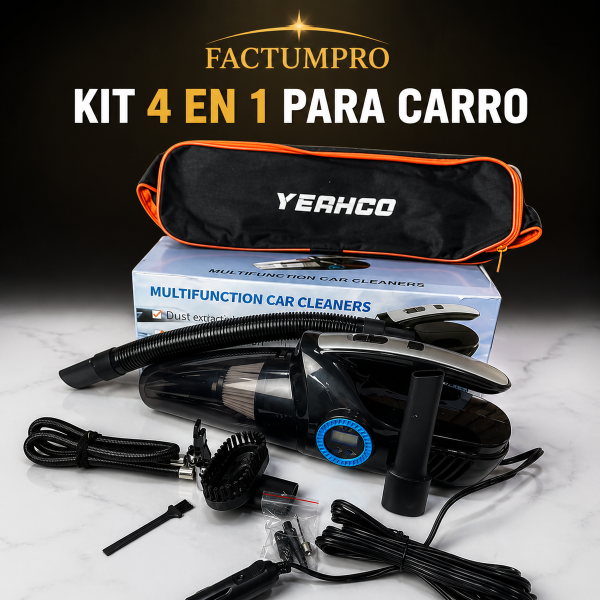 Kit 4 en 1 para Carro – Aspiradora + Compresor + Medidor + Luz LED