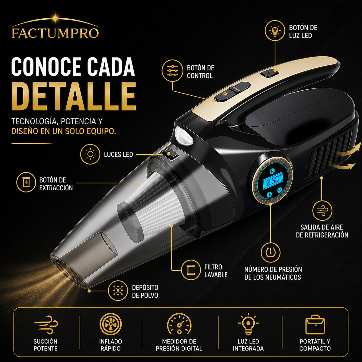 Kit 4 en 1 para Carro – Aspiradora + Compresor + Medidor + Luz LED - Kit completo
