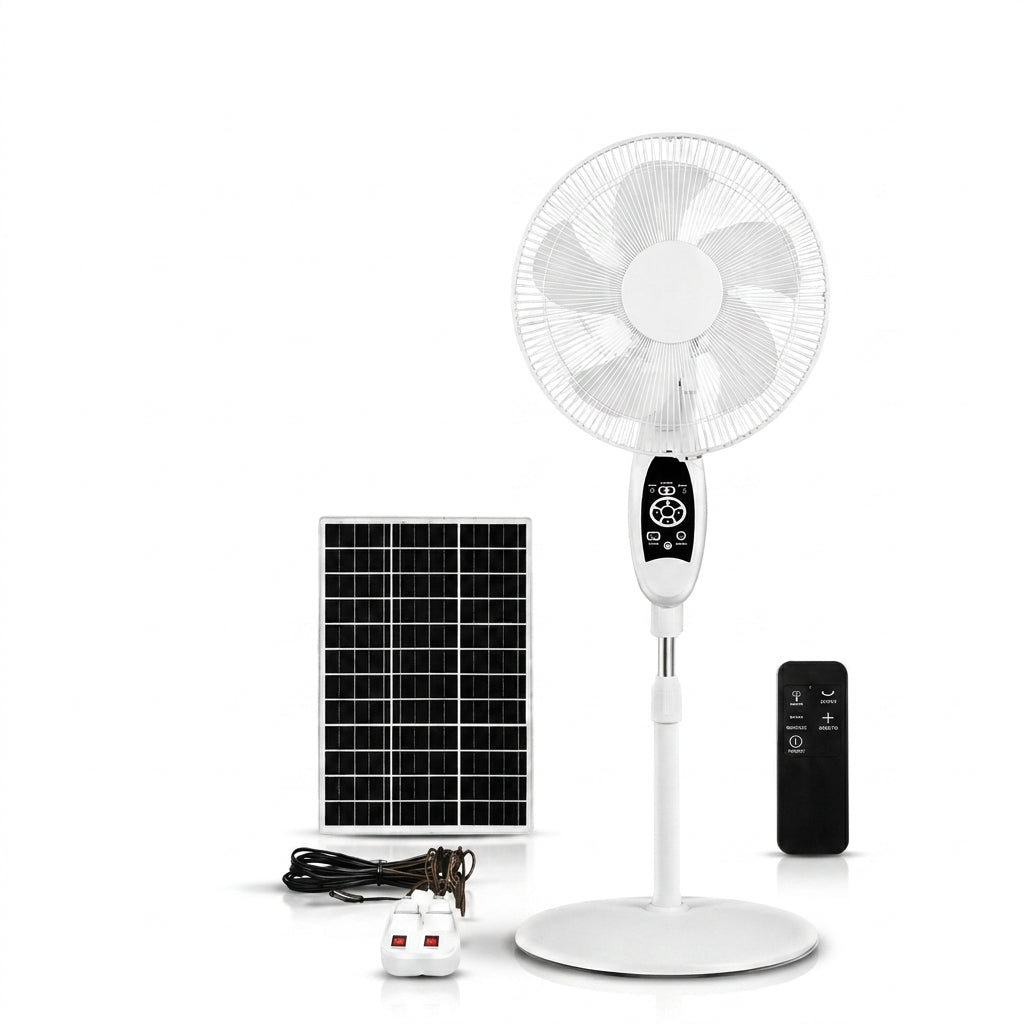 Ventilador Solar Recargable 16” con Panel, Control y Lámpara LED