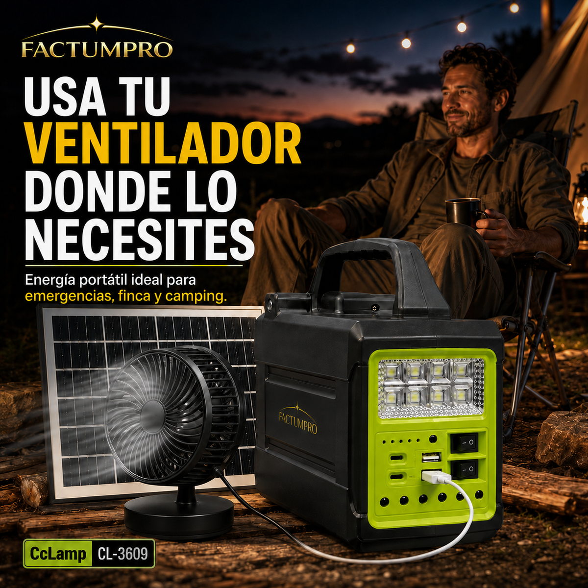 Estación de Energía Solar Multifuncional CcLamp CL-3609 - en uso