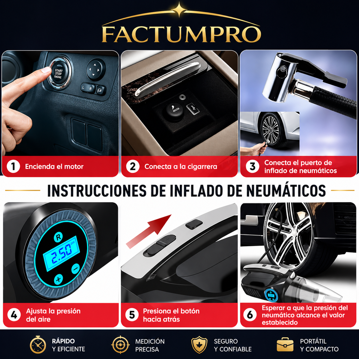 KIT 4 EN 1 PARA CARRO – ASPIRADORA + COMPRESOR + MEDIDOR + LUZ LED ⚡