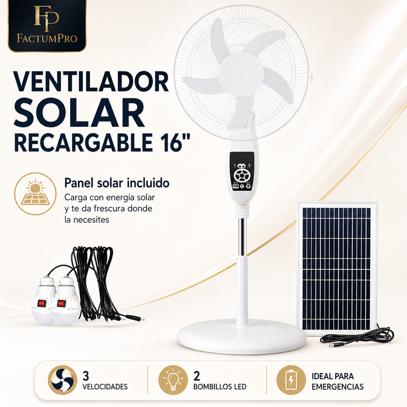 Ventilador Solar Recargable 16” con Panel, Control y Lámpara LED foto 5