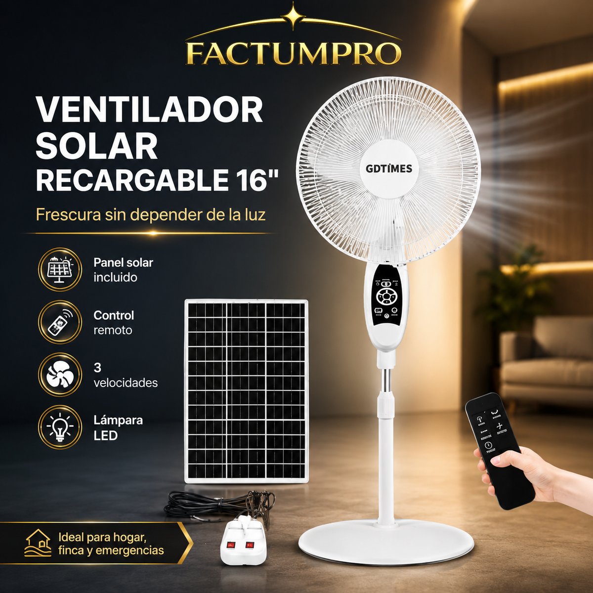 Ventilador Solar Recargable 16” con Panel, Control y Lámpara LED