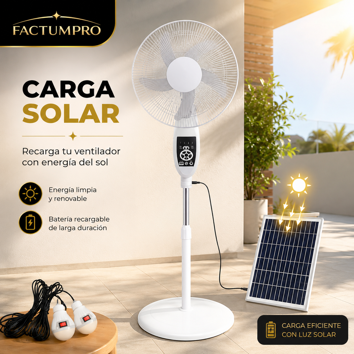 Ventilador Solar Recargable 16” con Panel, Control y Lámpara LED - 7